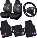 Universal Butterfly Car Seat Covers Front Set, Embroidered Flower Waterproof Car Floor Mats Carpet, Butterflies Steering Wheel Cover for Car Accessories Interior Sets (Black and Purple)