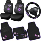 Universal Butterfly Car Seat Covers Front Set, Embroidered Flower Waterproof Car Floor Mats Carpet, Butterflies Steering Wheel Cover for Car Accessories Interior Sets (Black and Purple)