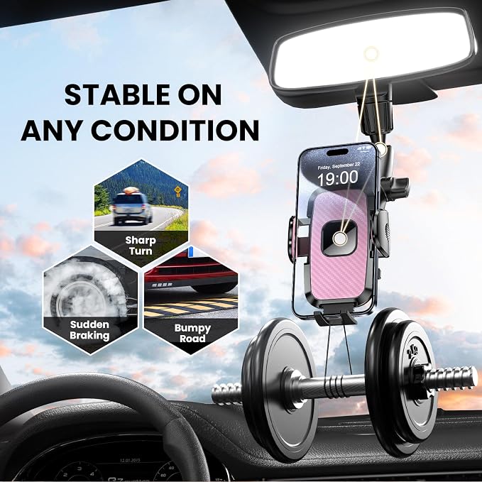Rear View Mirror Phone Holder, 360° Rotating Car Phone Holder Mount Compatible with All 4-7 Inch iPhone and Android Cell Phones (Pink)