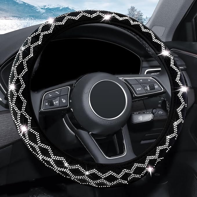 Bling Rhinestone Steering Wheel Cover with Crystal Diamond for Women, Sparkling Car Wheel Protector Universal Fit 15 Inch (Black with White Diamond, Standard Size(14"" 1/2-15"" 1/4))