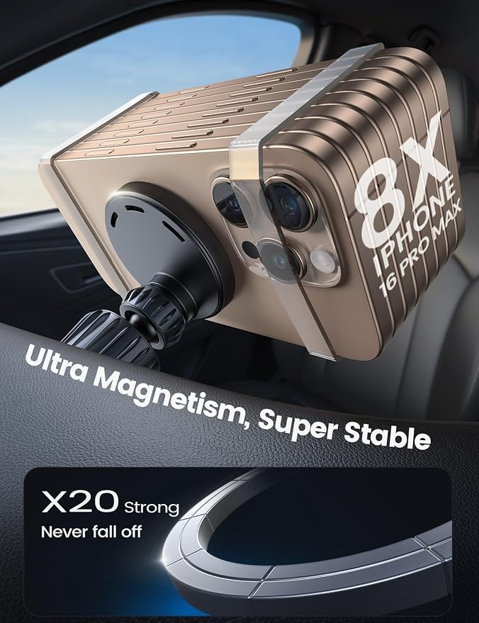 15W for MagSafe Car Mount Charger - [20X Strong Magnets] Wireless Car Phone Holder Charger, Magnetic Phone Holders for Car Vent Dash Accessories for Women Men for iPhone 17 Pro Max Black