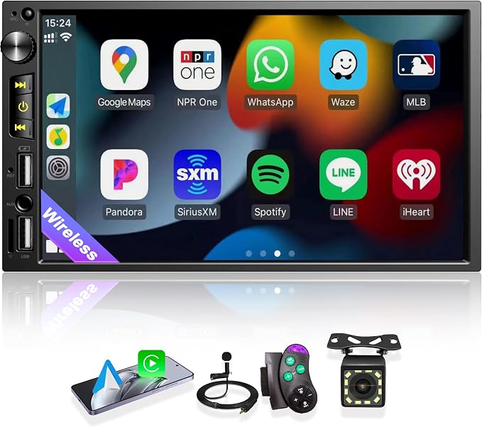 7 inch Double Din Car Stereo with Wireless Apple CarPlay, Android Auto Car Radio, Bluetooth 5.2, IPS 1024 * 600 Touchscreen, Backup Camera, FM Radio,Dual USB/Fast Charging/Subwoofer/Car Play