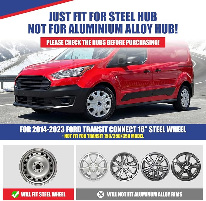 4Pcs 16 2014-2023 Wheel Hubcaps Wheel Cover Fits for Ford Transit | Connect Steel PP Material Snap-On Installation inch Car ReplacementBlack Lacquer