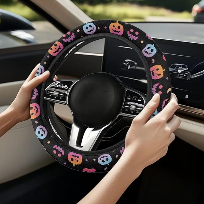 Auto Steering Wheel Cover Unviersal 15 Inch Steering Wheel Wrap Cover Halloween Car Interior Accessories Decor for All Seasons, Pumpkin Gradient