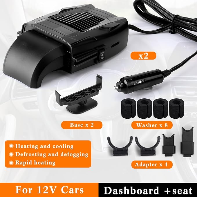 2 Pcs 12v 150w Car Heater for Vehicle Plugs into Cigarette Lighter with 360° Rotatable Base, 2 in 1 Portable Winter Windshield Defroster Electric Defogger Warmer for Car Suv Universal(Black)