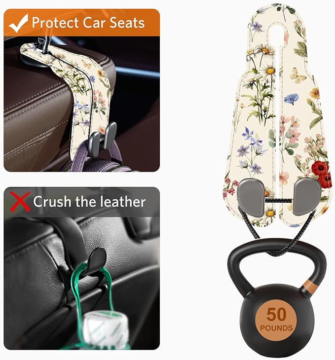 CoBak Purse Hook for Car - Universal Premium Stitched Leather and Aluminum-Magnesium Alloy Double Car Seat Back Storage Hook for Purses, Handbags, Bags (2 Pack),Antique Floralia