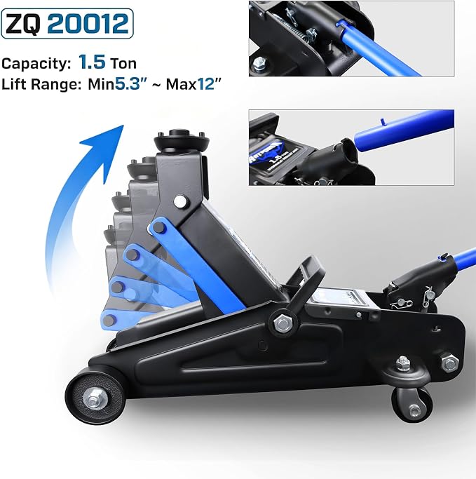 Low Profile Floor Jack 1.5 Ton (3000 lbs), Heavy Duty Hydraulic Car Jack with Storage Case, Single Piston Quick Lift Pump, 135-305mm (5.3"-12") Lifting Range（1.5T with case）
