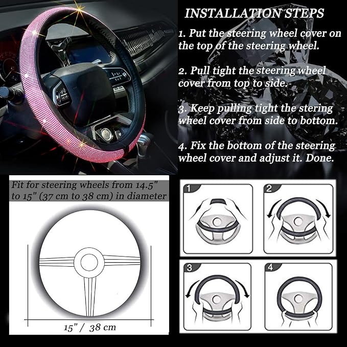 New Diamond Leather Steering Wheel Cover with Bling Bling Crystal Rhinestones, Universal Fit 15 Inch Car Wheel Protector for Women Girls Pink Diamond