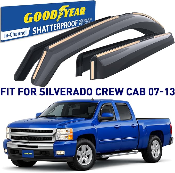 Goodyear Shatterproof in-Channel Window Deflectors for Trucks Chevrolet (Chevy) Silverado/GMC Sierra 2007-2013 Crew Cab, Rain Guards, Window Visors, Vent Deflector, Truck Accessories, 4pcs - GY008152