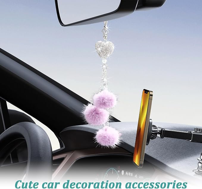 Bling Diamond Heart Car Interior Accessories, Car Mirror Hanging Ornament for Women, Love Heart & Pink Plush Ball Decor Ornament Pendant (Light Purple)