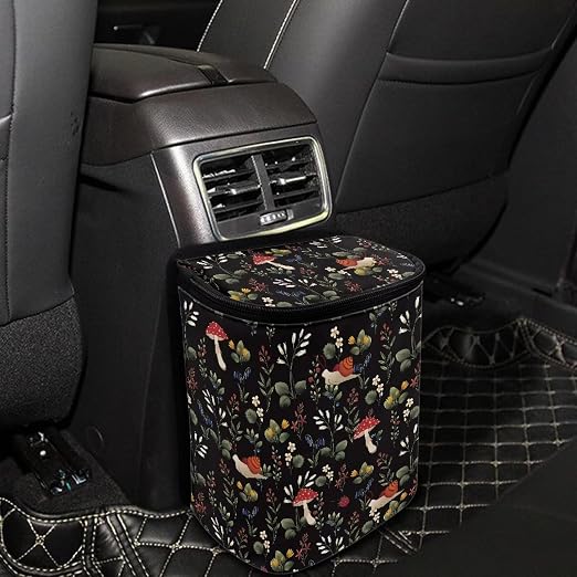 Mushroom Snail Flower Print Car Trash Can with Lid, Leak Proof Auto Trash Bag Hanging Vehicle Garbage Can Multipurpose Storage Container for Back Seat Road Trip