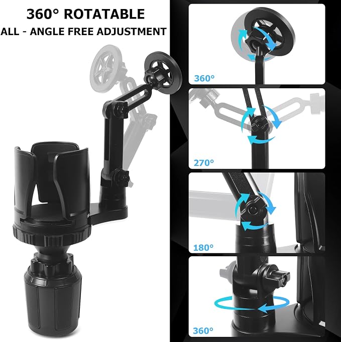 Frani Car Cup Holder Expander with Magnetic Phone Mount | Adjustable Insert Fits 2.68-4.33" Holders, 360° Adjustable Neck, Strong N52 Magnets, iPhone Samsung Compatible