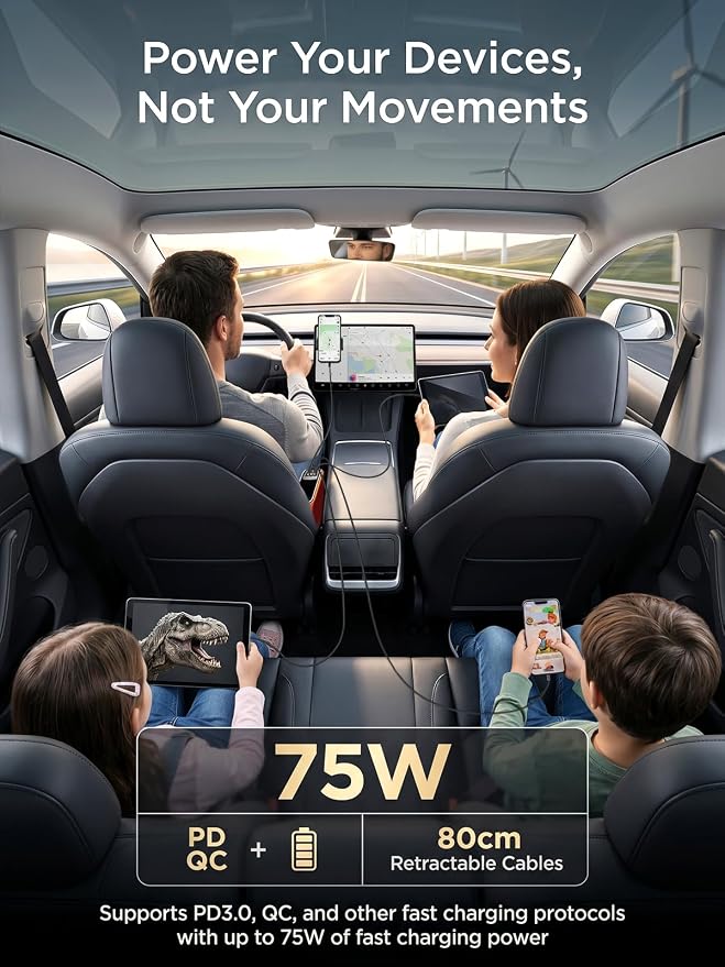 75W Retractable Car Charger with Car Seat Gap Filler – 4 in1 Fast Charging Car Adapter, Built-in 36W PD USB C Cable & Storage Organizer for Phone/Sunglasses/Cards – No More Lost Items