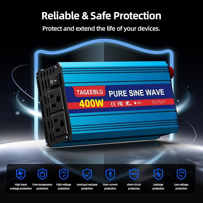 400W Pure Sine Wave Power Inverter 12V DC to 110V 120V AC for Vehicles | Car Cigarette Lighter Adapter inverter with 2 AC Outlets, Converter for Car with LCD Display for Solar RV Truck Home Camping