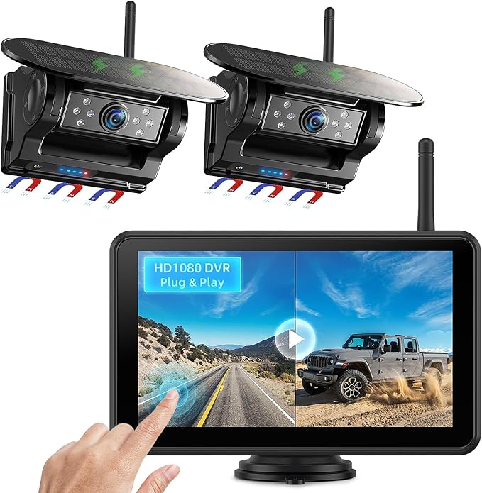 Dual Magnetic Solar Wireless Backup Cameras: HD1080P 7” Touchscreen Portable with DVR, BSD, 1-Min Install-Free IR Night Vision Hitch Backup Camera for Trailer/Truck/Small RV/Camper/Tractor