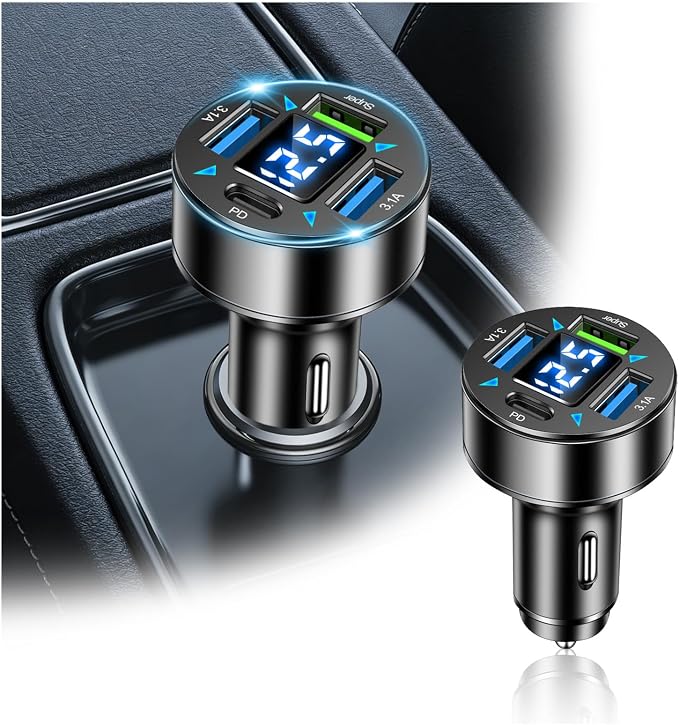 4 Ports Car Charger Adapter,12V/24V Car Cigarette Lighter USB Charger Including 3.1A/PD/Super Fast Charging Ports,Upgraded Cars Phone Chargers with LED Voltage Display & Soft Light