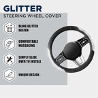 Steering Wheel Cover, Sparkly Crystal Bling Glitter with Black Leather, Universal Fit 14.5"-15.5" Car Steering Wheels for Girls & Women, Breathable Anti-Slip Steering Wheels Cover