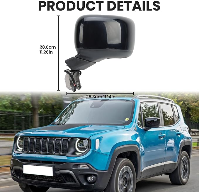 Left Driver Side Mirror Compatible with Jeep Renegade 2015-2025 Heated Manual Folding Power Glass Paintable Black