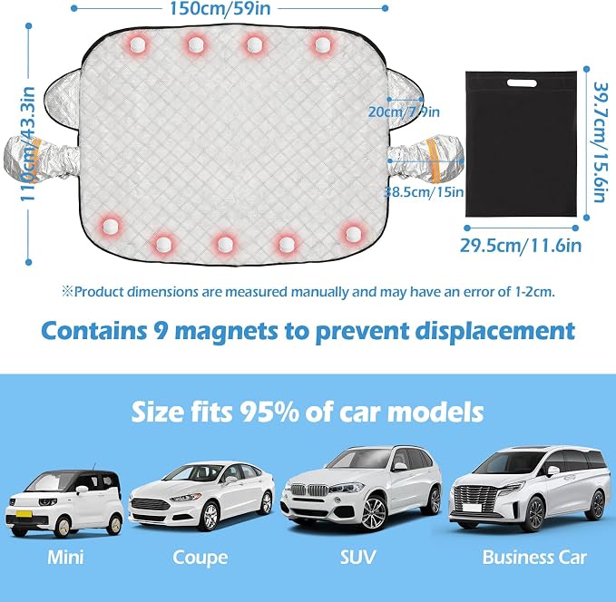 Car Sun Shade Windshield Cover, UV Rays & Heat Reflector for Summer, 9-Magnet Windproof Exterior Car Cover with Mirror Protection, Antifreeze Snow Cover for All Seasons
