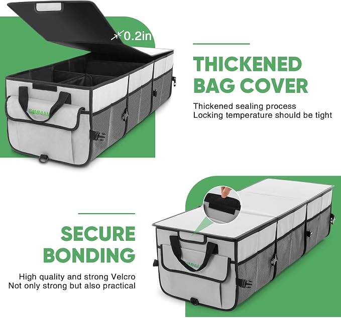 Car Trunk Organizer with Insulated Grocery Bag- 110L High Capacity Car Storage Box, with 4 Compartments, Reflective Strip, Cover, for Auto, SUV, Truck, Minivan