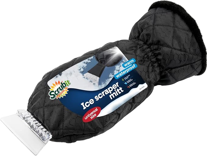 Ice Scraper with Glove - Car Windshield Scraper for Ice and Snow w/Fleece Mitt - Quickly Scrape and Remove Snow While Staying Warm - Waterproof & Windproof - Car Scraper Snow Brush (Black)
