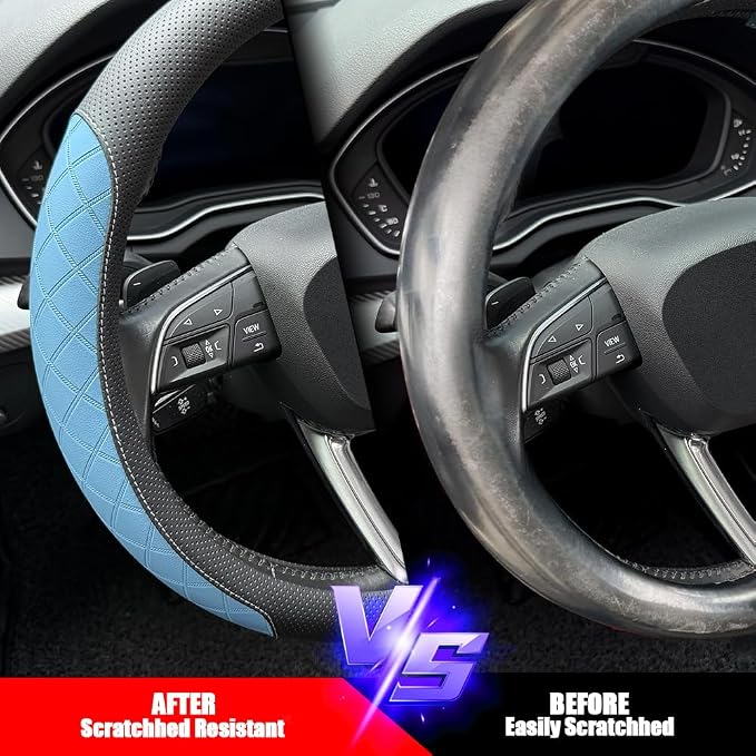 Nappa Leather Steering Wheel Cover,Elegant Diamond Checkered Design, Non-Slip wear-Resistant, Enhance Driving Comfort, Suitable for Steering Wheel Diameter 14 1/2‘-15’ Models.Black Blue