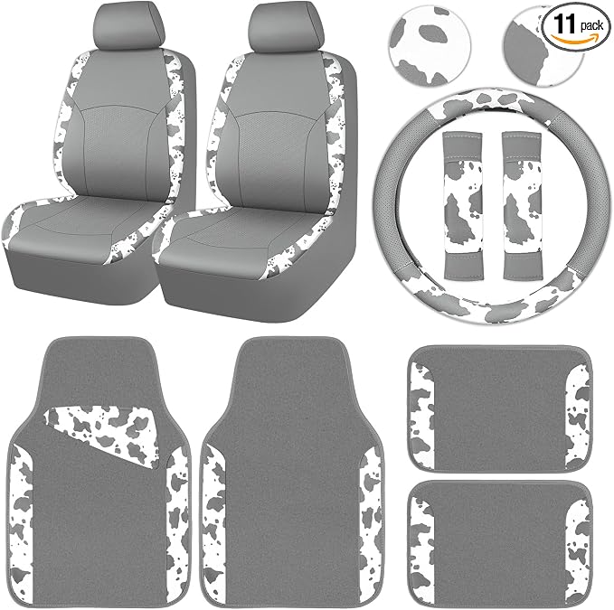 Cow Print Faux Leather Car Seat Covers & Cow Car Mats & Cow Steering Wheel Cover Seat Belt Pads Universal fit for SUV,Van,Saden,Truck Cute Car Accessories Automobile Interior Sets All Gray