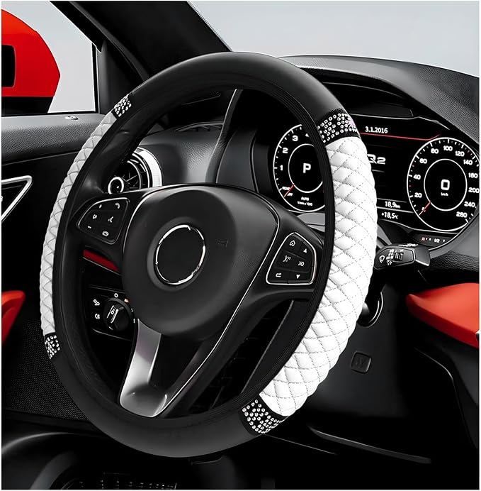 Bling Car Steering Wheel Cover, 15 Inch Sparkly Rhinestone Soft Leather Steering Wheel Protector, Non-Slip Universal Auto Elastic Steering Wheel Covers for Women Girls (White)