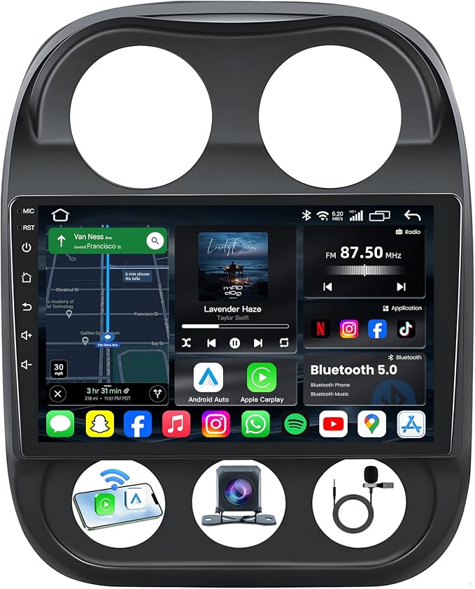 10'' Car Radio for Jeep Patriot Compass 2010-2016, Wireless CarPlay & Android Auto, Android Car Stereo with 2GB+64GB, Bluetooth 5.0, GPS Navigation, WiFi, FM, SWC, Backup Camera