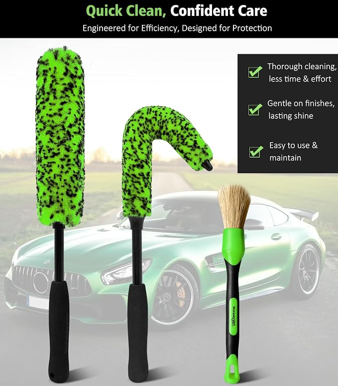 3PCS Quick Car Wheel Brush Kit, 2-Size 360° Bendale Rim Cleaner Brushes, Boars Hair Detailing Brush, Fast Scratch-Free Cleaning for Car Wheels, Motorcycle, Green