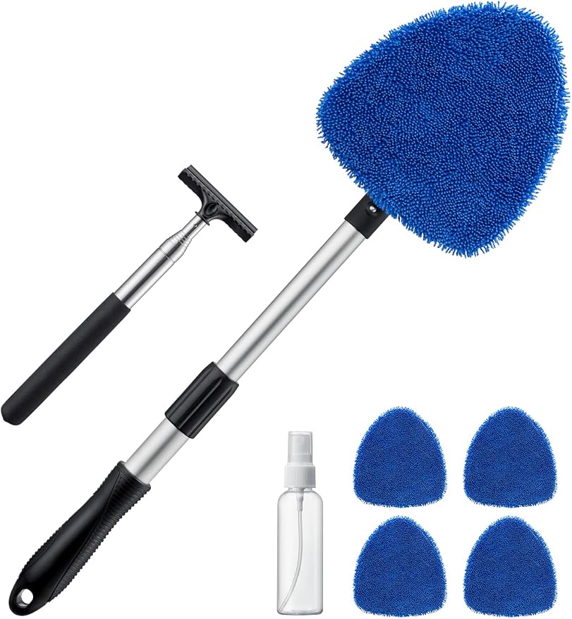 Car Windshield Cleaner Tool, Window Cleaning Kit with 39in Car Mirror Squeegee, 4 Reusable Microfiber Pads and Extendable Handle, Blue