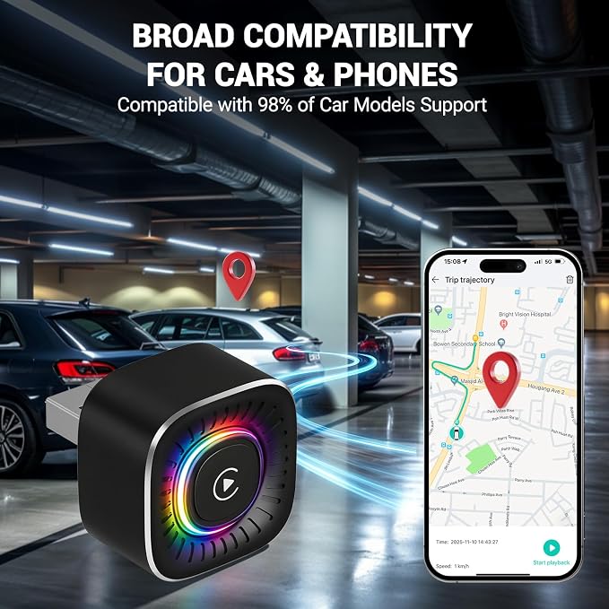Wireless CarPlay Adapter & GPS Tracker, 2-in-1 Mini USB Dongle with Fast Auto Reconnect CarPlay Wireless Adapter, Plug and Play for OEM Factory Wired CarPlay Vehicles