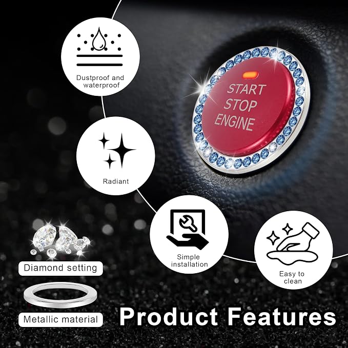 2 PCS Crystal Rhinestone Car Engine Start Stop Decoration Ring, Bling Car Interior Accessories for Women, Push to Start Button Cover Sticker, Automotive Decals, Blue