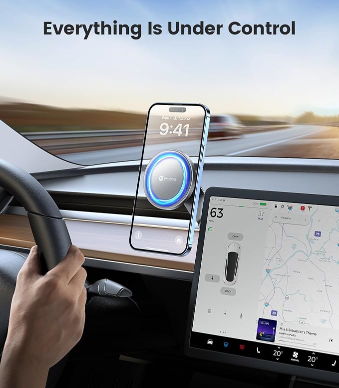 Tesla Phone Mount【Strongest Magnet Power】 Foldable Hidden Tesla Phone Holder Fit for All Phones, Tesla Model 3/Y/Cybertruck Accessories, Tesla Model 3 Model Y for MagSafe Car Mount-Quicksilver
