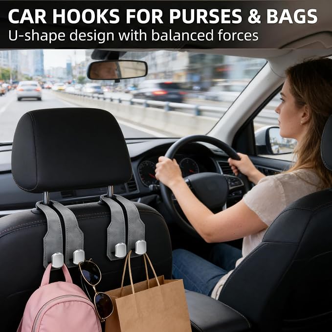 Car Seat Headrest Storage Hooks - 2 Pack Dual Hangers Design Organization Accessories, Car Interior Gadgets to Add Extra Holder and Hook for Purses,Bags,Coat and Handbag