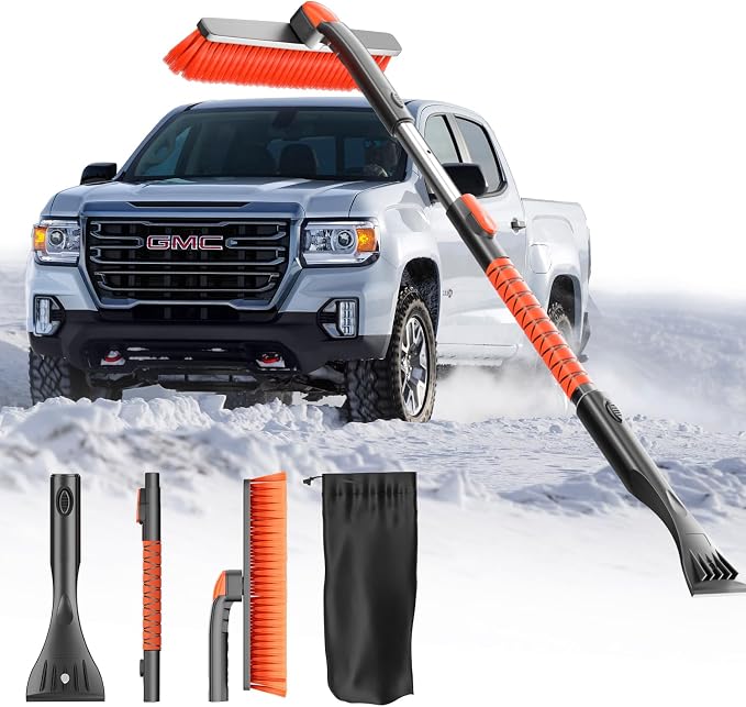 DooGooCoo [Upgrade] Ice Scraper & Extendable Snow Brush for Car Windshield [Military-Grade Sturdy] - 360° Pivoting Brush Head with Silicone Grip for Effortless One-Swipe Clean on Auto (Large)