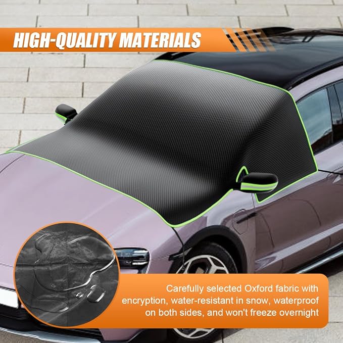 Magnetic Car Windshield Snow Cover, Windproof Car Sunshade with Elastic Strap & Hook, Automotive Windscreen Frost Cover, Winter Vehicle Side Window&Mirror Protector Accessories (Green Eage)
