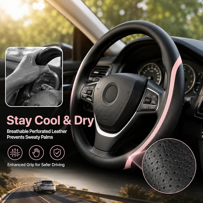 Steering Wheel Cover Black and Pink Leather Universal 14.5-15 inch | Car Steering Wheel Covers with Coasters Microfiber Breathable Anti-Slip Durable Steering Wheel Accessories Set for Woman
