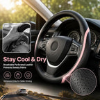 Steering Wheel Cover Black and Pink Leather Universal 14.5-15 inch | Car Steering Wheel Covers with Coasters Microfiber Breathable Anti-Slip Durable Steering Wheel Accessories Set for Woman