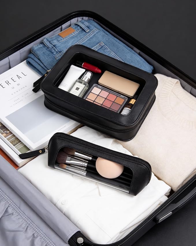 2Pack Clear Makeup Bags Set, Portable Makeup Brush Bag, Zipper Storage Bag Organizer Pouch, Versatile Storage Stationery, Travel Storage Bag, Portable Cosmetic Storage Bag (Black)