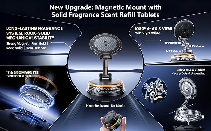 Aromatherapy Magnetic Car Phone Mount, Fitted with Powerful N52 Magnet, Reusable Suction Cup and 4-axis Adjustable Structure. Comes with 6 Solid Fragrance Refills and 1 Metal Ring Sticker.（Orange ）