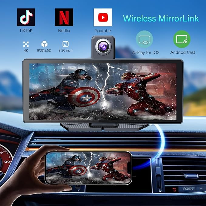 10.26" Wireless Portable Carplay Screen CarPlay & Android Auto Car Stereo 360 Rotation 4K Dash Cam 1080p Rear Camera Mirror Link Voice Control GPS Navigation(SD Card Excluded)