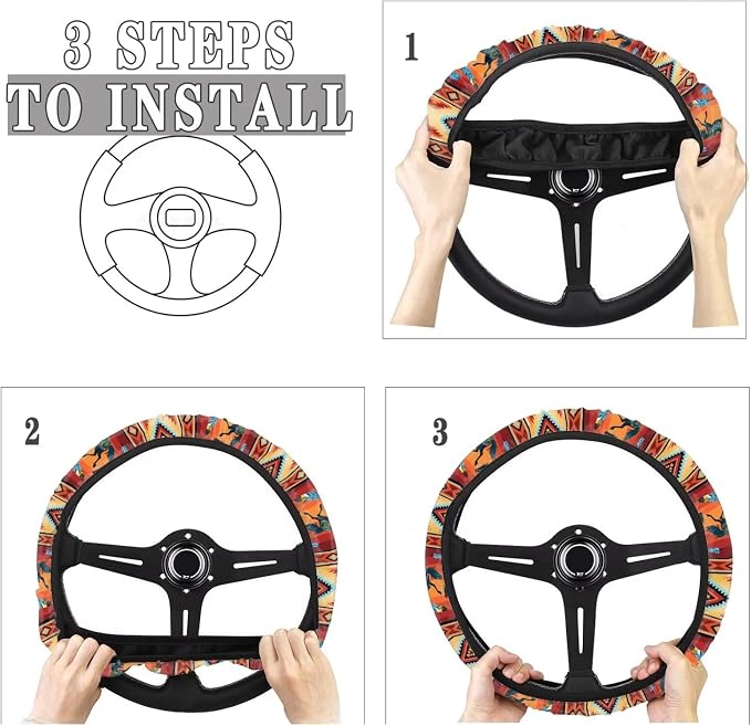 Auto Steering Wheel Cover for Women Men, Universal 15 Inch Soft Elastic Steering Wheel Wrap Anti-Slip Easy to Install Car Accessories, Aztec Geometric Horse Orange