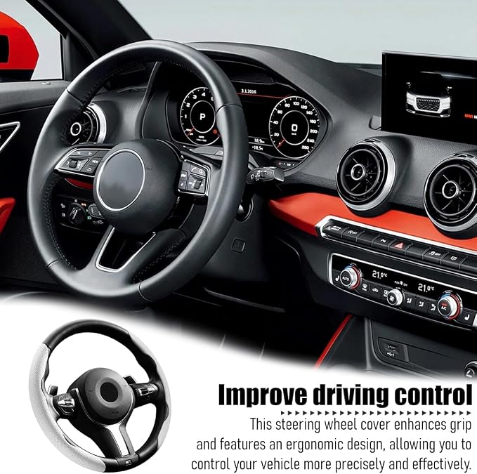2PCS/Set Car Steering Wheel Cover, Leather Segmented Anti-Slip Automotive Wheel Protector, Soft Breathable Vehicle Steering Protection Covers, Universal Interior Accessories (White)
