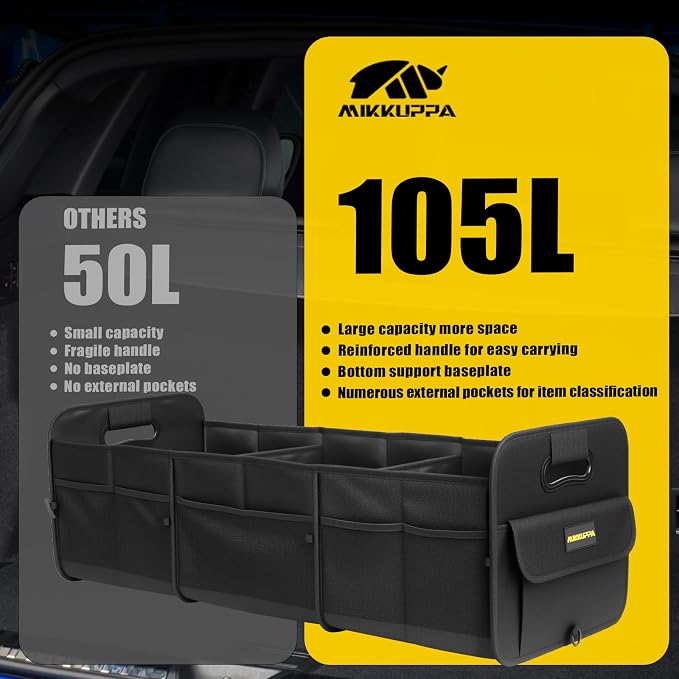 Car Trunk Organizer - 105L Collapsible Large Trunk Organizer with Reinforced Handles for Groceries, Trunk Storage Organizers for SUV Auto Truck Van with Non Slip Bottom (Black)
