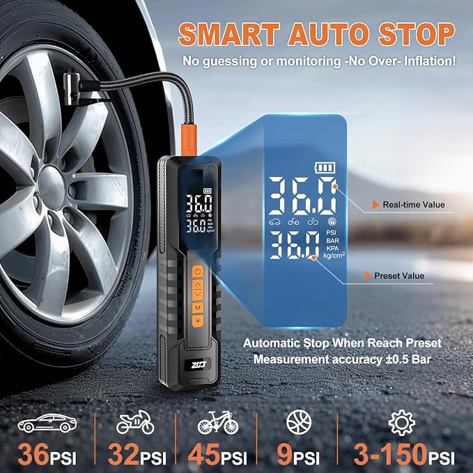 Tire Inflator Portable Air Compressor – Emergency Flat Tire Rescue & Pressure Maintenance Tool, Cordless Pump with 150PSI, LCD Screen, Auto Shut-Off – for Car, Motorcycle, Bicycle, Balls