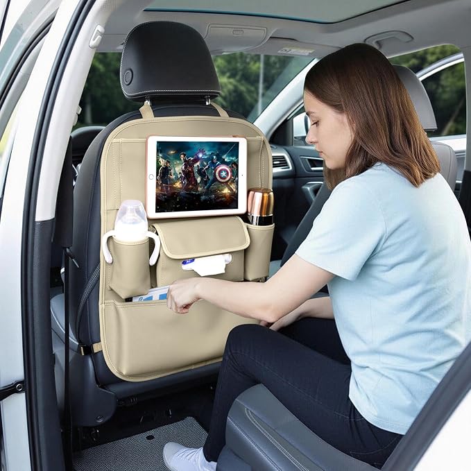 Car Seat Organizers Waterproof Backseat Protector with Storage Pocket Large Leather Kick Mats for Kids Pets Automobile SUV Truck (Beige, Large Pocket)