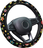 Black Retro Arcade Steering Wheel Cover, Polyester Non-Slip Car Wheel Grip, Universal 15 Inch Auto Accessory