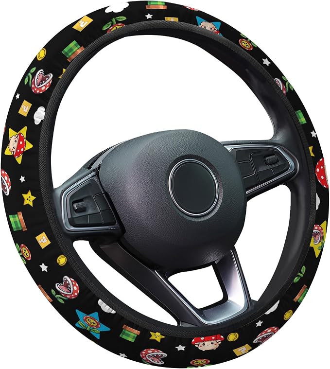 Black Retro Arcade Steering Wheel Cover, Polyester Non-Slip Car Wheel Grip, Universal 15 Inch Auto Accessory