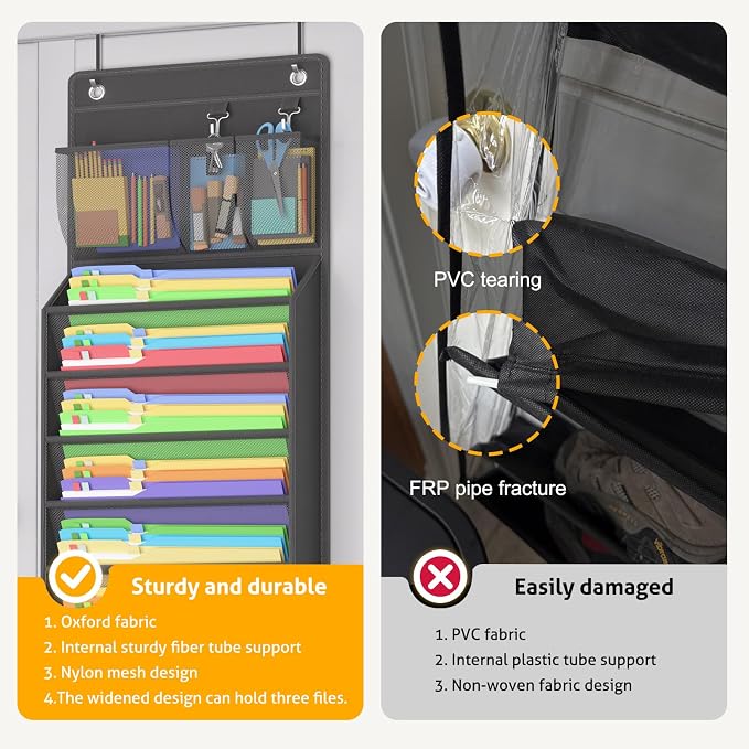 Over the Door File Organizer, Wall Hanging File Folders with 10 Large Pockets for Mails, Magazines, Back to School Supplies, Office Pocket Chart, Paper Organization (Gray)